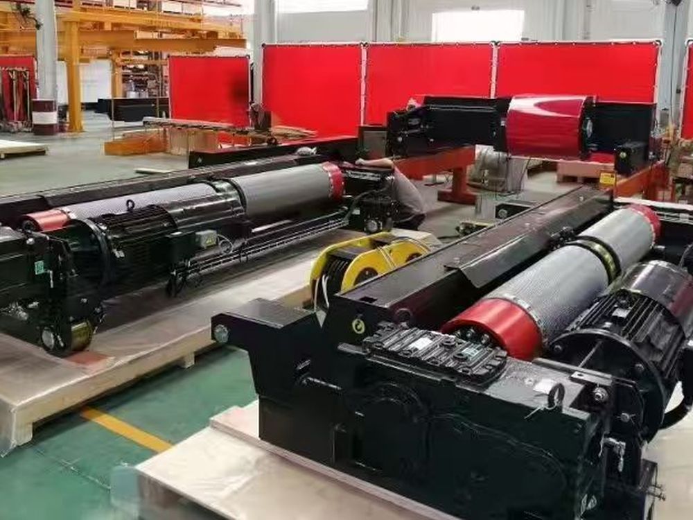 Overhead crane end trucks aligned in the assembly workshop